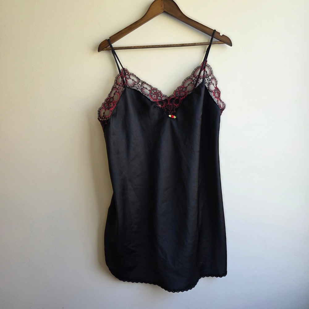 Vintage Black Satin Lace Chemise Nightgown Red Floral Trim Goth Vampy Slip Dress